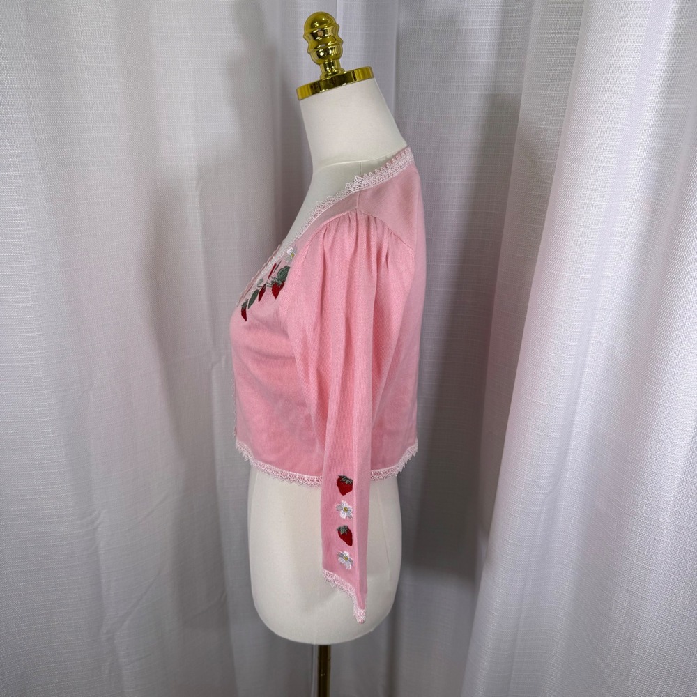 NWOT Dolls Kill x Strawberry Shortcake Pink Embroidered Crop Cardigan Medium - Picture 3 of 13